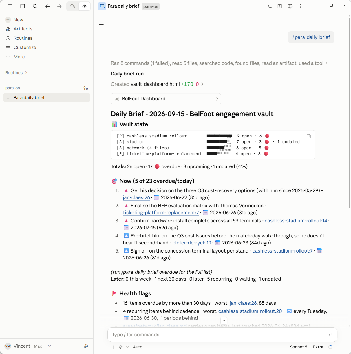 The Claude desktop app opened on BelFoot, the kit's fictional example company, showing the morning brief in the conversation: open actions per project, the five items to do now and the health flags